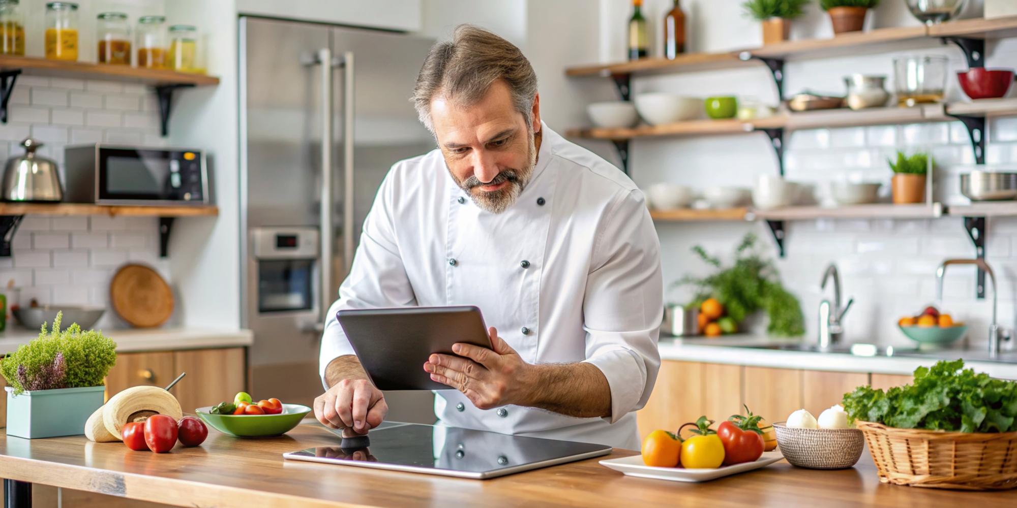 Chef analizujący receptury przy cyfrowym panelu